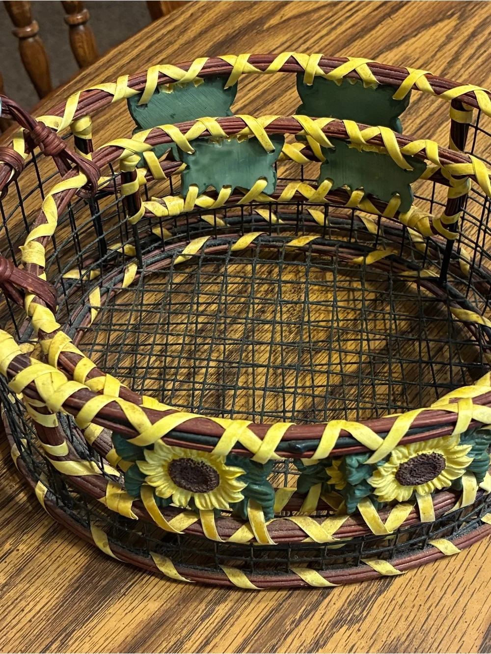 2 Sunflower Woven Decorative Baskets - Yellow & Brown